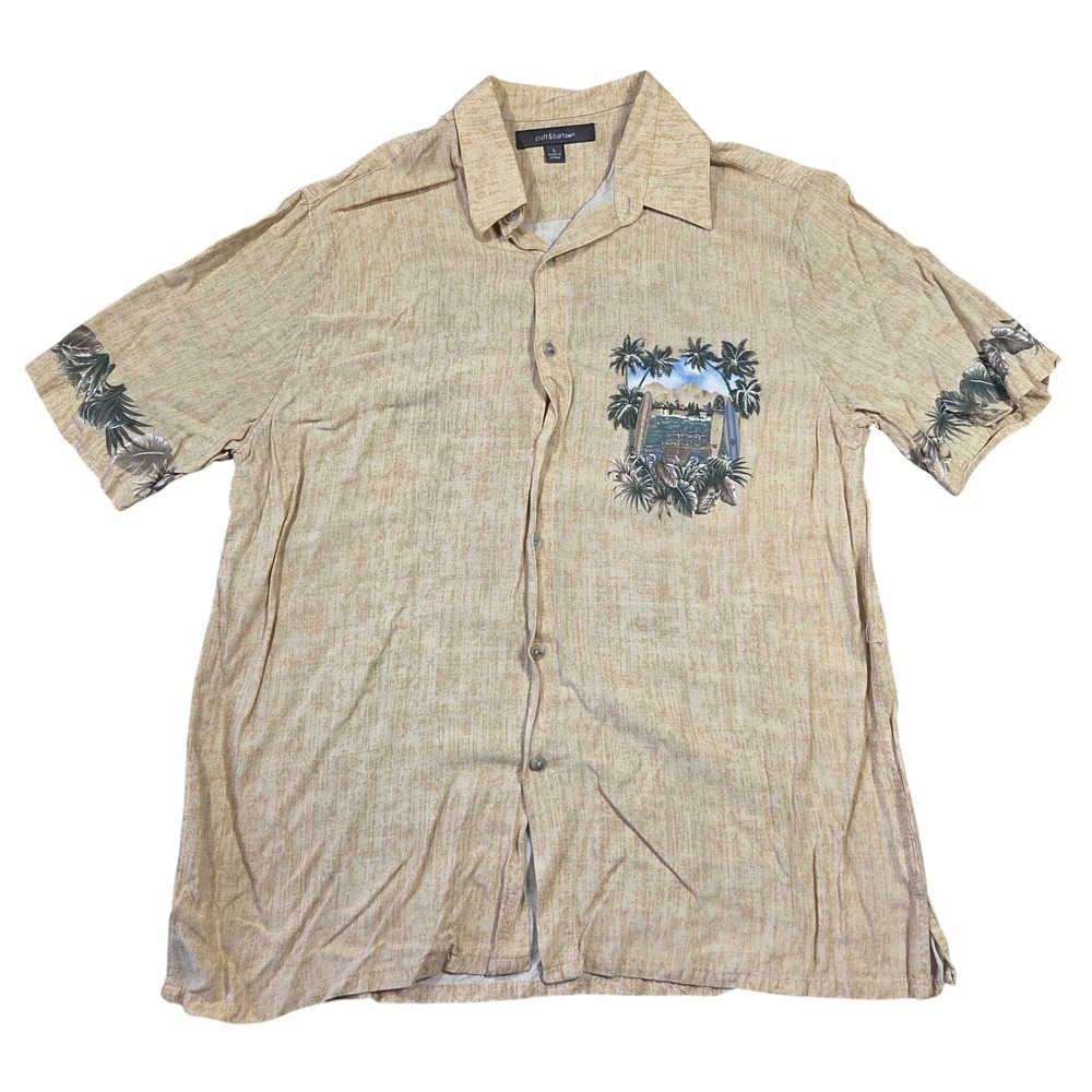 Croft & Barrow Mens Large Tan Rayon Hawaiian Shirt Tropical Beach Surf Vacation